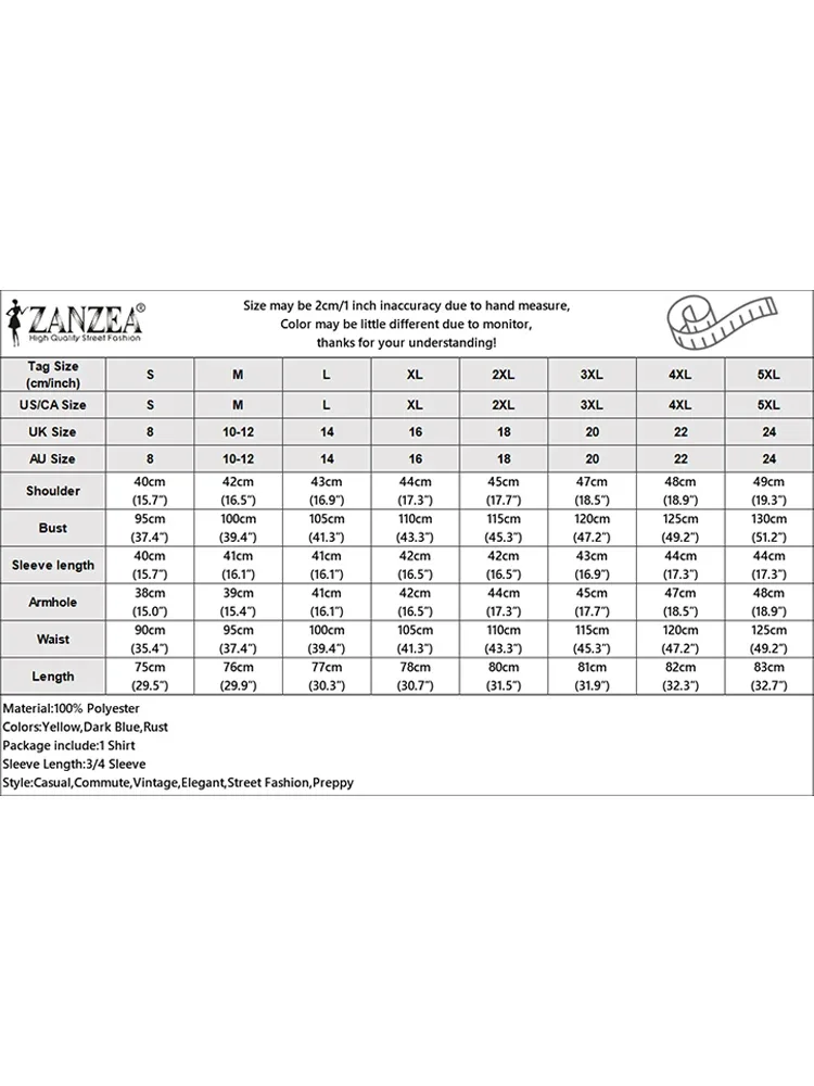 ZANZEA Damen-Blusen, Herbst, Vintage-Hemd, Blumenmuster, Bohemian-Stil, elegant, Stehkragen, 3/4-Ärmel, lässige Tunika, Tops, Blusas