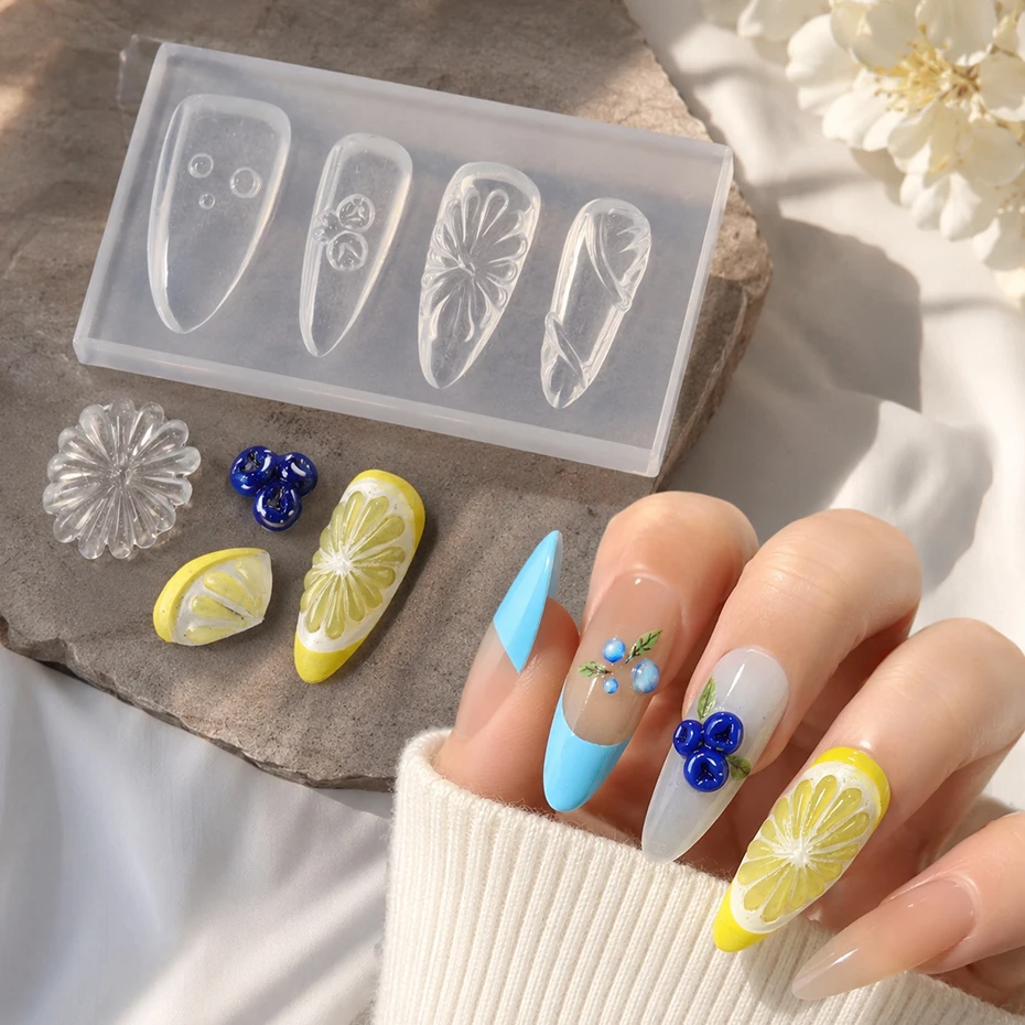 Cute Fruit Silicone Mold with Delicate Lemon & Blueberry Design Resin Flexible & Durable Silicone for DIY 3D Summer Nail Decor