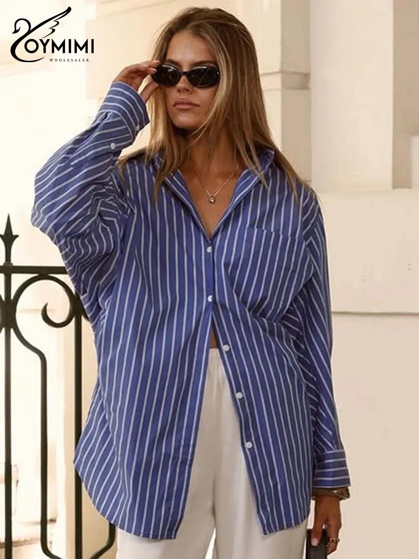 Oymimi موضة الأزرق طباعة المرأة بلوزة أنيقة بدوره إلى أسفل طوق بلوزات طويلة الأكمام جيوب عادية بلوزات واحدة الصدر #1