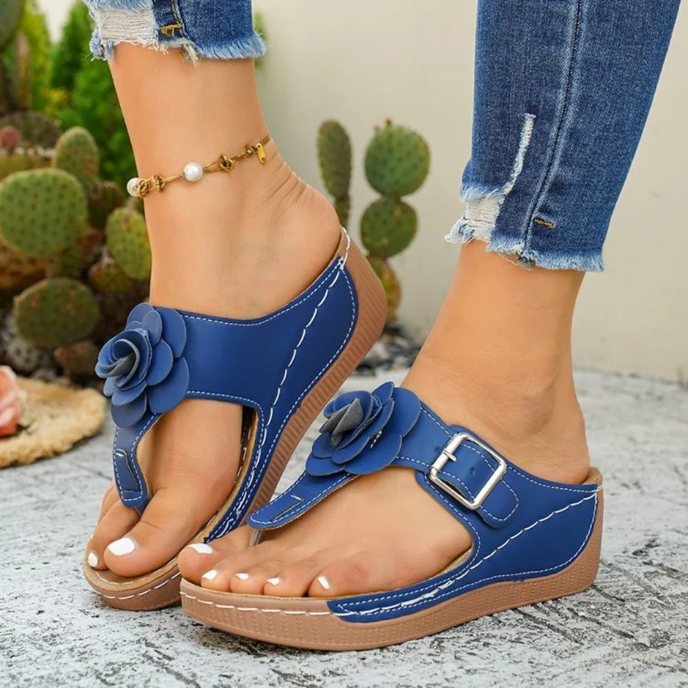 

Women Summer Flower Wedge Slippers Outdoor Casual Pinch Toe Comfortable Heeled Sandals Feminina Size 36 43 Sandalias De Mujer