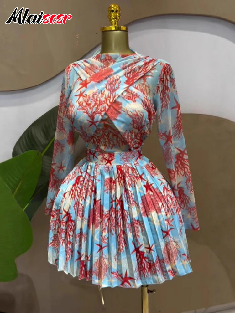 

Mlaiscsr Женская сетчатая прозрачная мини-плиссированная юбка с длинным рукавом и круглым вырезом, короткие платья трапециевидной формы для отдыха, пляжного клуба, дня рождения