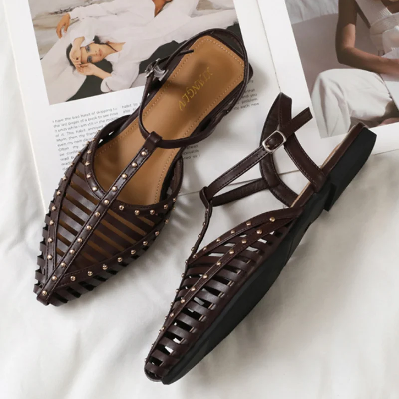 

Женские сандалии в римском стиле с заклепками, ретро-дизайн, ажурные, с закрытым носком, на одной пряжке, элегантные, мягкие.
