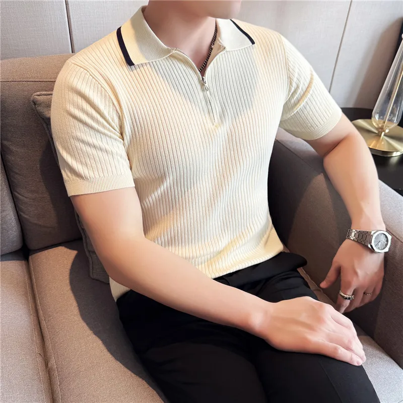 Men High Stretch Knit Polo Shirt Striped Short Sleeved Summer Light Thin Slim Fit Top Casual T-shirt high-quality Men Clothing
