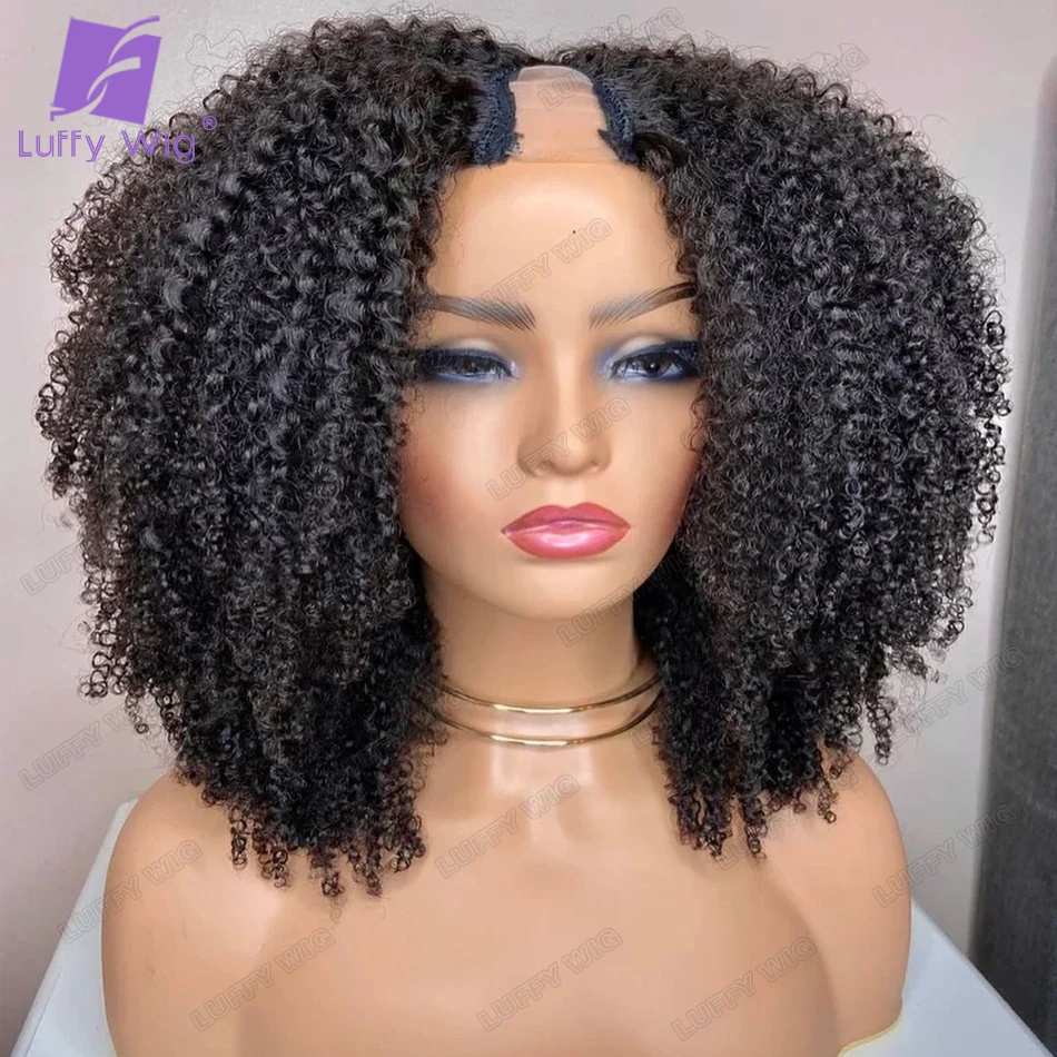 Short Afro Kinky Curly V Part Wig Human Hair No Leave Out Kinky Curly V Part Glueless Human Hair Wigs for Women with Lace Front