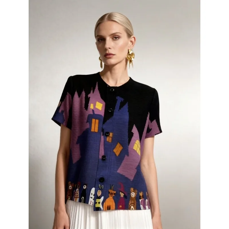 

Женская плиссированная блузка-кардиган Miyake с круглым вырезом, свободный повседневный топ, новинка лета 2026, с принтом, плиссировка, большие размеры, короткий рукав, складная рубашка