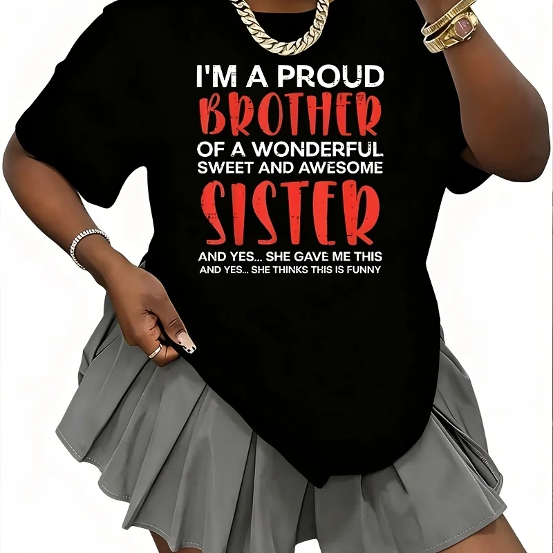 Proud Brother of Wonderful Awesome Sister Bro Family Women's T-Shirt 100% Cotton Fun Print Short Sleeve Top Casual Round Neck Tee S-5Xl