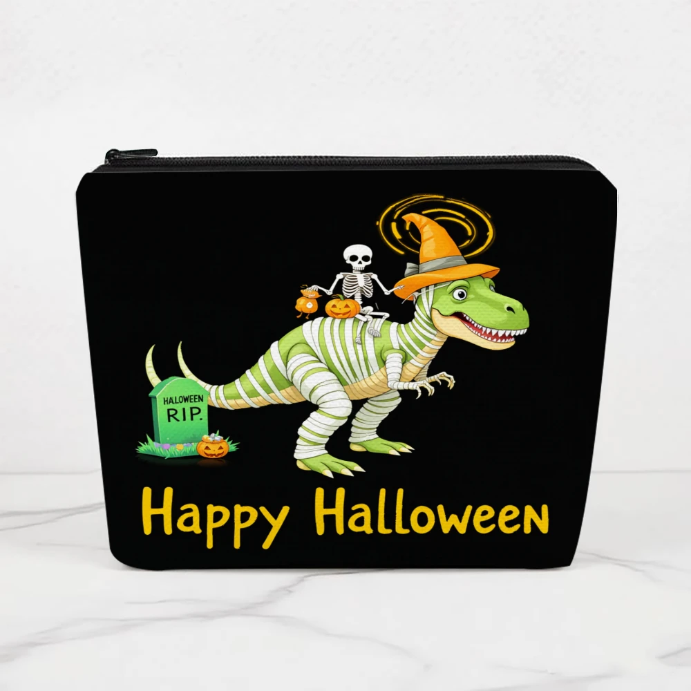 Dinosaur Skeleton Pumpkin Grave Happy Makeup Bags for Girls Cosmetic Pouch Toiletry Bag Pencil Case Travel Storage