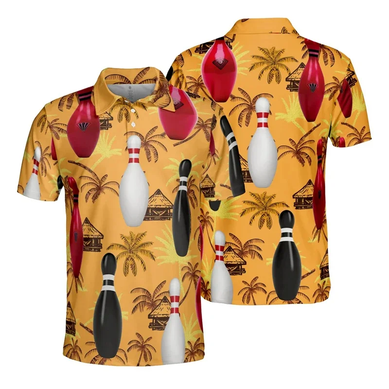 Bowling Pattern Polo Shirt For Men Gutterball Club 3D Printed T-Shirts Summer Street Sport Short Sleeve Lapel Tops Button Tees