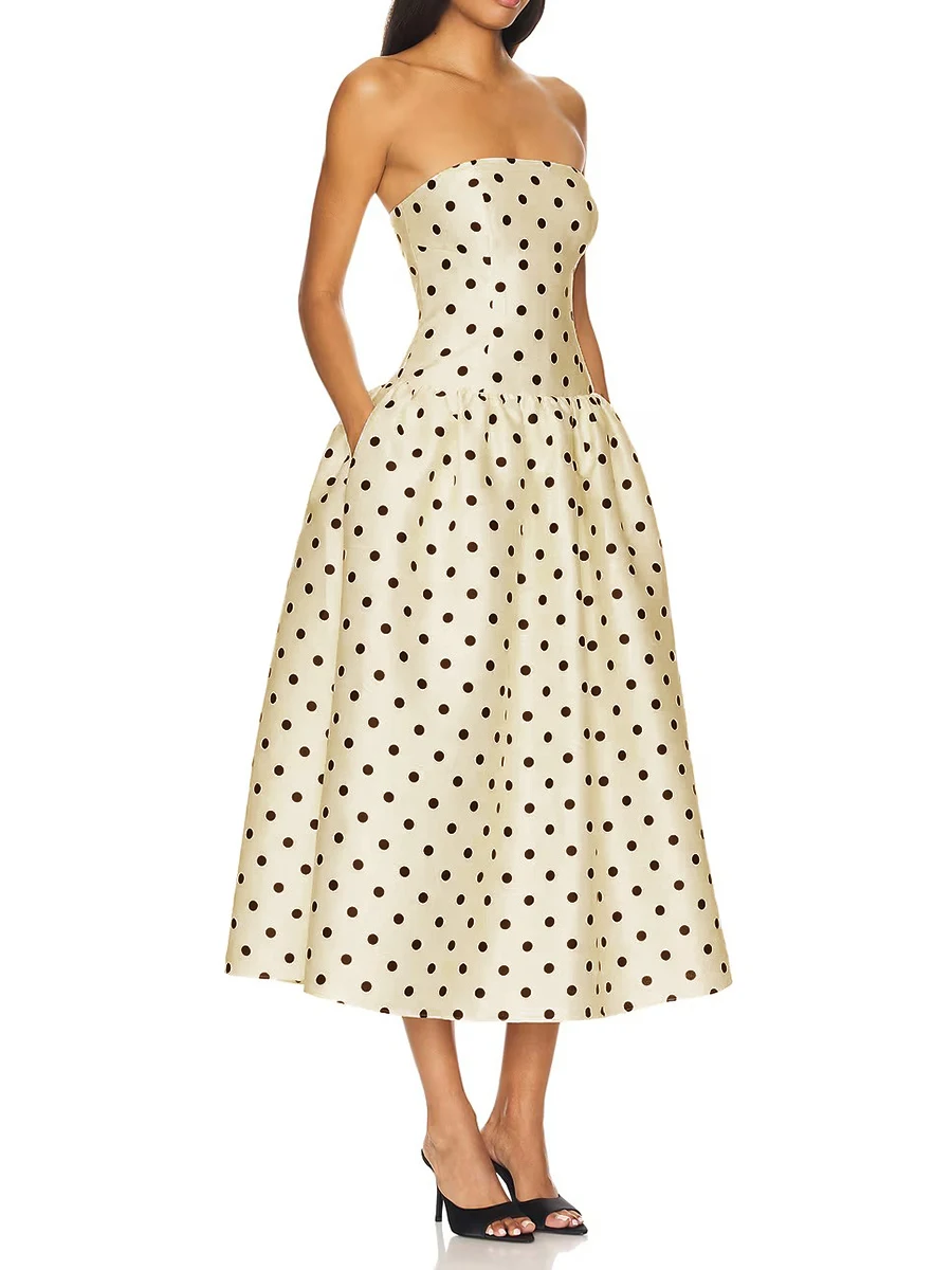 TWOTWINSTYLE Solid Slimming Spliced Wave Point Elegant Dresses For Women Square Neck Sleeveless High Waist Dress Female Clothes