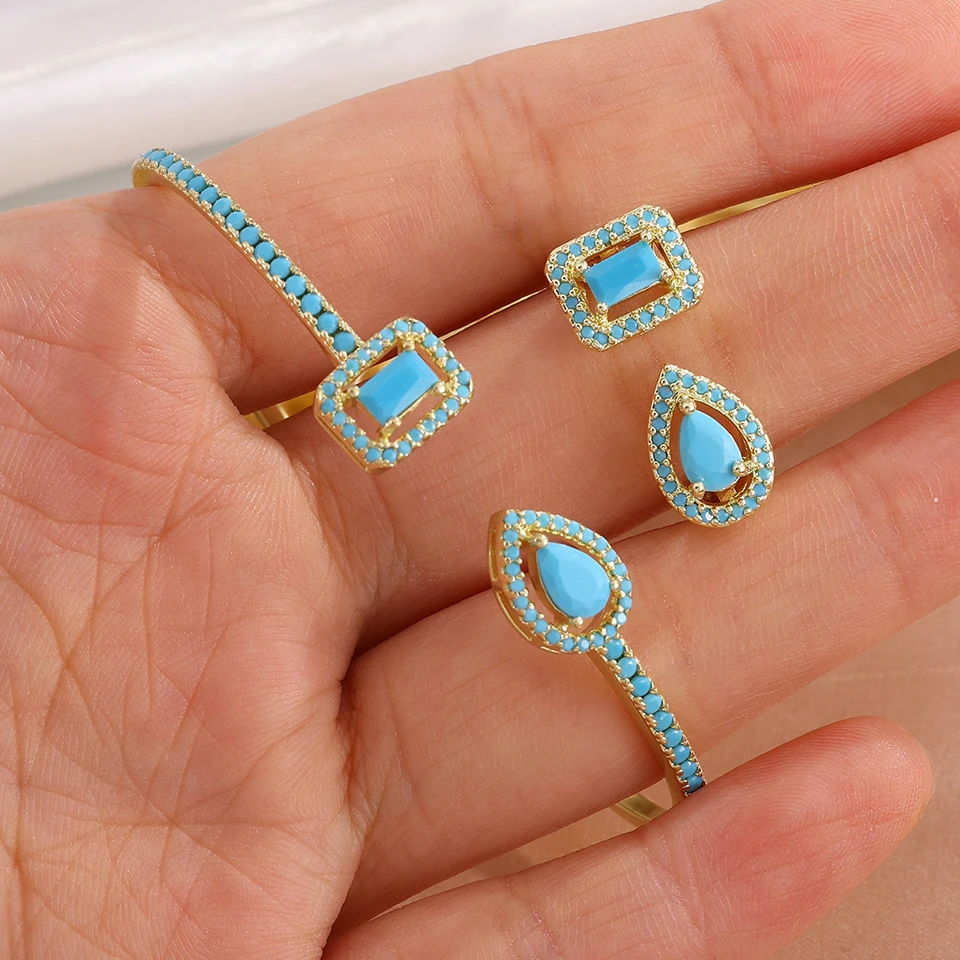 ZAKOL 2-teiliges Set Luxuriöses Geometrisches Quadratisches Wassertropfen-Armreif- und Ring-Set für Damen mit AAA-Zirkonia Hochzeitsschmuck – Detail 3
