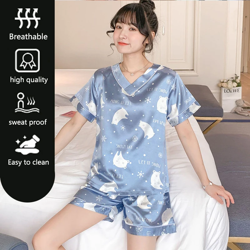 Two Sets Of Ladies Pajamas Suit Summer Ice Silk Short-Sleeved Korean Version Of The Sexy Thin Section  Large Size Homewear Girls