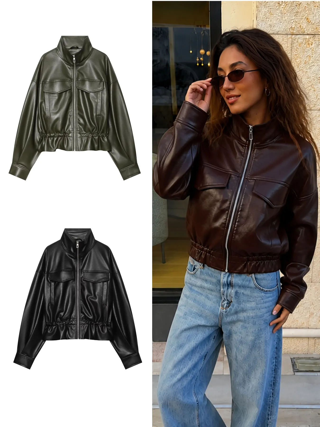 HH Women Elastic Waist Faux Leather Jacket Zipper Pocket Long Sleeve Loose Coat Casual Autumn Vacation Fashion Party Outerwear