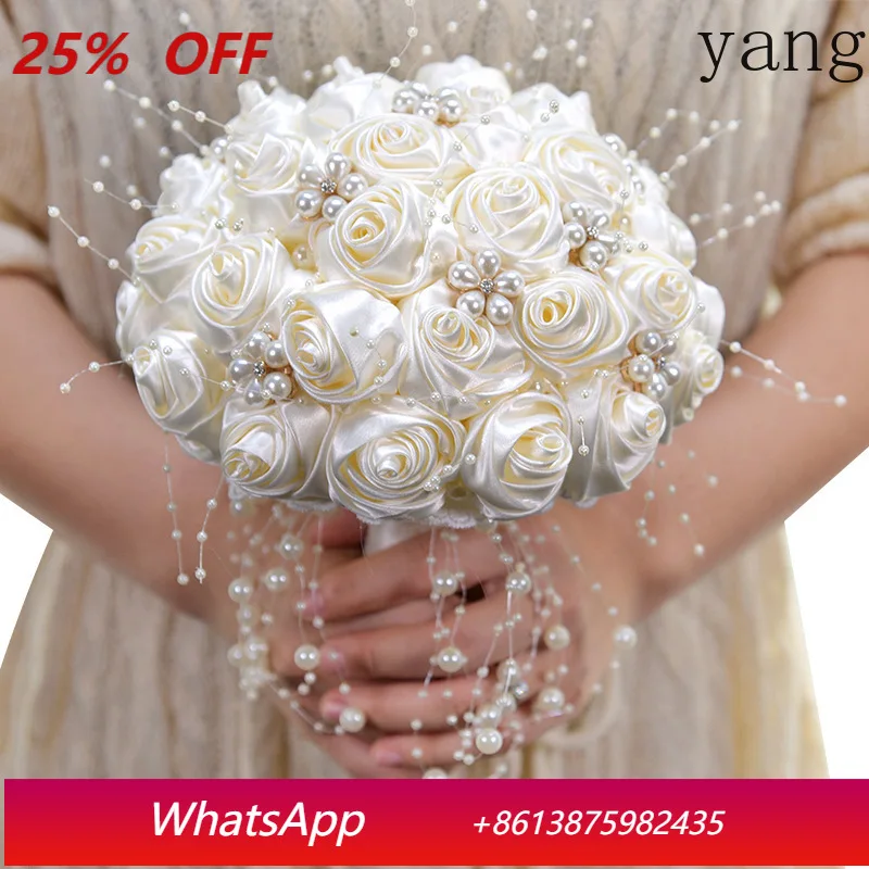 

Beautiful In Stock Ivory Ribbon Flowers Stunning Pearls Beaded Bridal Bouquet Bridesmaid Wedding Bouquets ramo de novia BY53