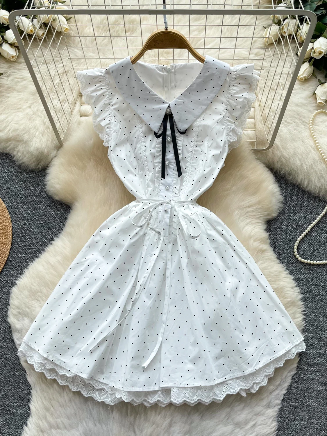 

Sweet Preppy Polka Dot Summer Dress Women's Korean Style Knot Waist Cinched A-Line Skirt Fly Sleeve Commute Style