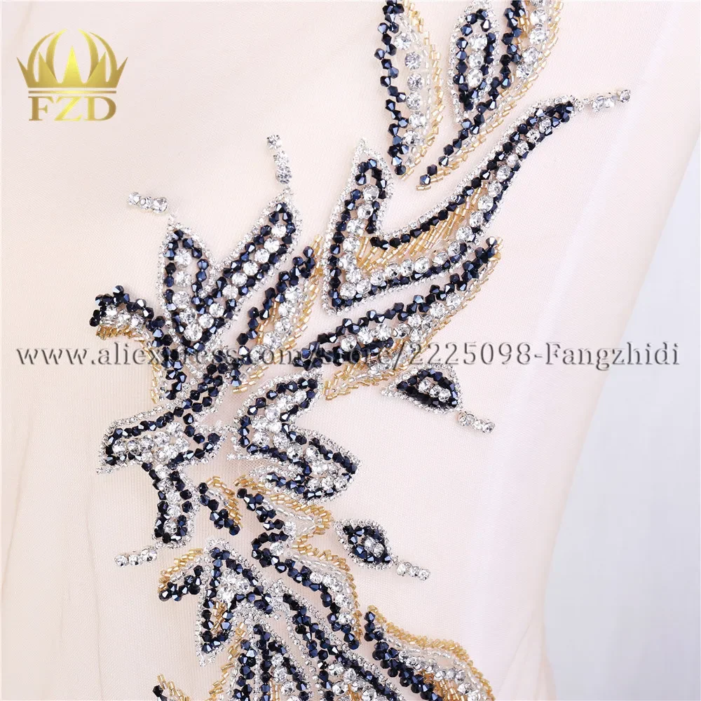 FZD 1 Piece Handmade Sew-on Beaded Crystal Rhinestone Applique Patches With Gauze for Wedding Dress DIY Bridal Waist Decoration