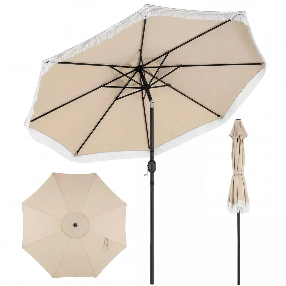 9 Ft Outdoor Patio Umbrella, Metal Frame Market Umbrella With Crank And Tilt, Vented Top For Stability, Beige Tassel Design For Deck, Poolside And Commercial Cafe Use