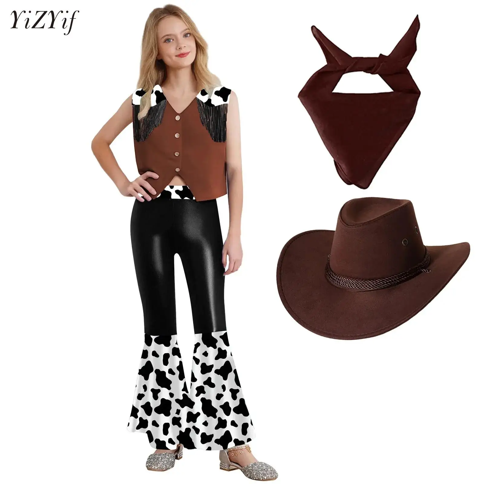 

Girls Cowgirl 4 Piece Set 6-16 Yrs Teenage Costume Cosplay Outfit Halloween Apparel Vest Top+Bell-Bottomed Pants+Scarf and Hat