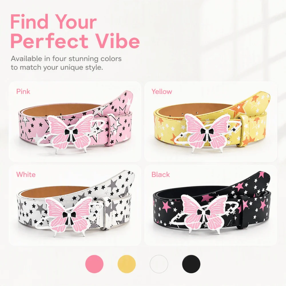 Adjustable Length PU Women Belt Alloy Star Pattern Fashion Belt Butterfly Buckle Y2K Style Dress Belt Women Wear
