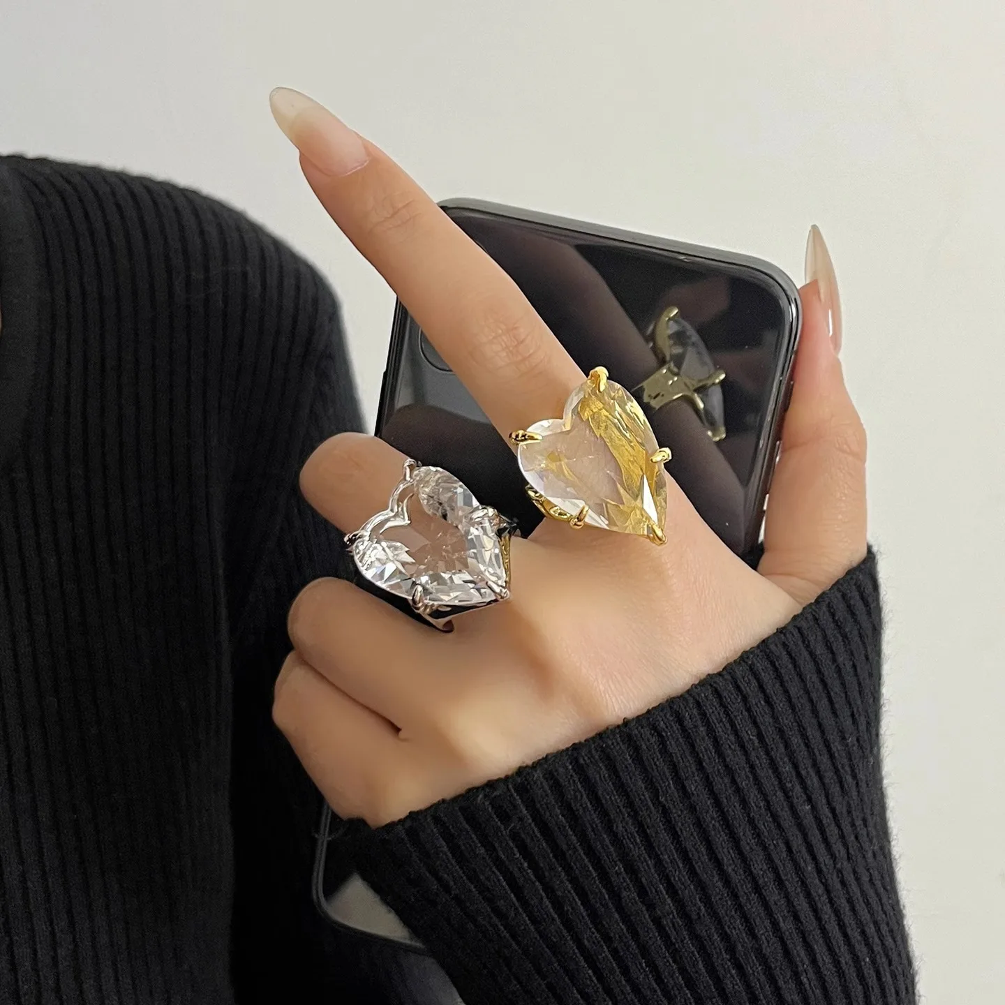 Large Heart Transparent Zircon Ring Exquisite Unique Creative Design Open Mouth Ring High-end Trendy Daily Jewelry