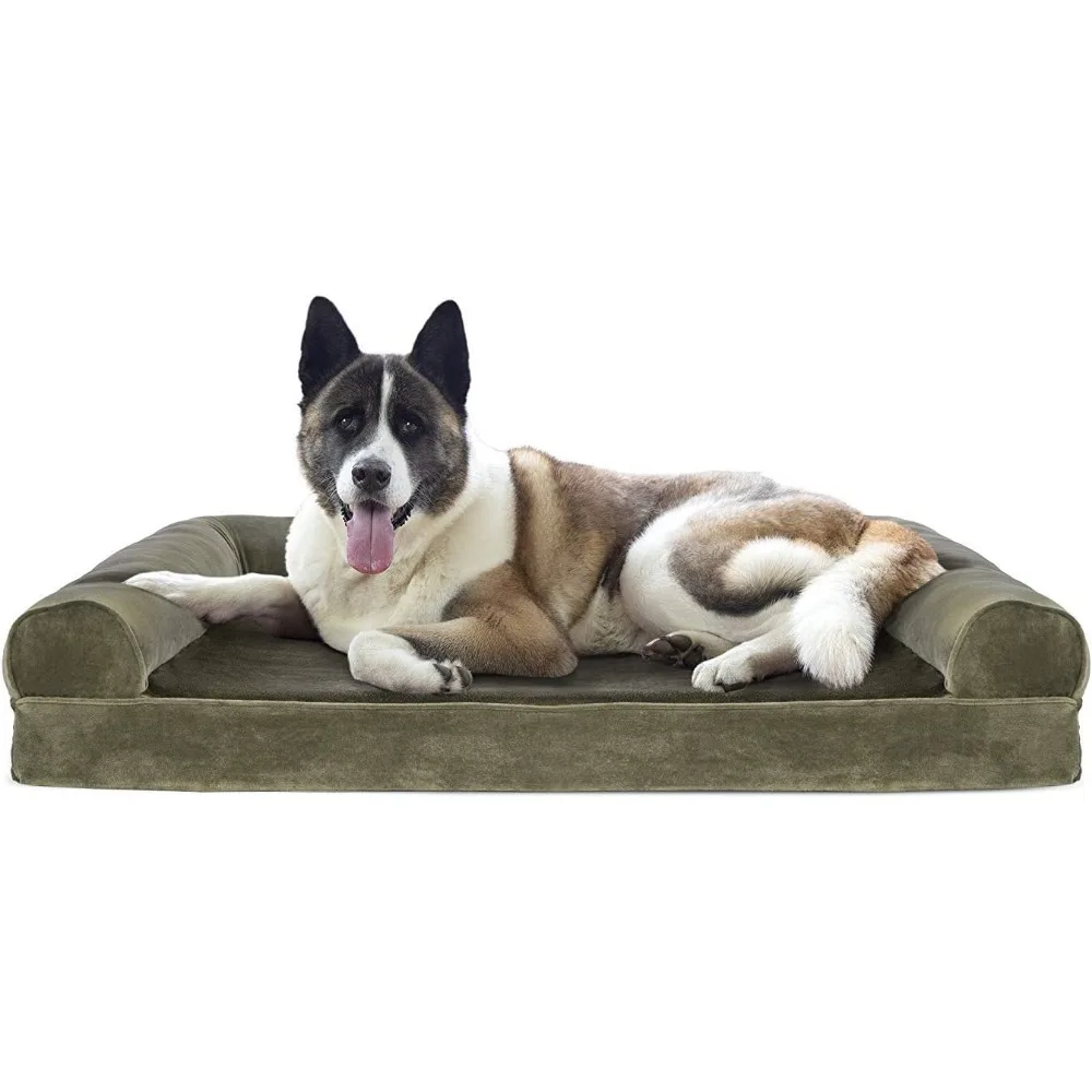 

Cooling Gel Dog Bed for Large Dogs w/ Removable Bolsters & Washable Cover, For Dogs Up to 95 lbs - Faux Fur & Velvet Sofa - Dar