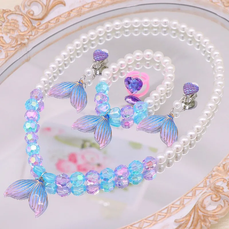 

5Pcs/set Exquisite Cute Mermaid Tail Charm Necklace Bracelet Set Fashion Sweet Girls Princess Party Dress Up Birthday Gifts