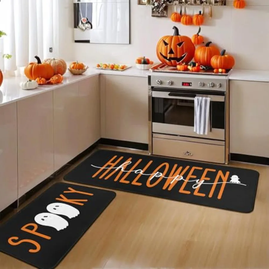 

Happy Halloween Spooky Ghost Черные украшения Кухонные коврики и коврики Набор из 2 нескользящих впитывающих кухонных ковриков для дома Hal