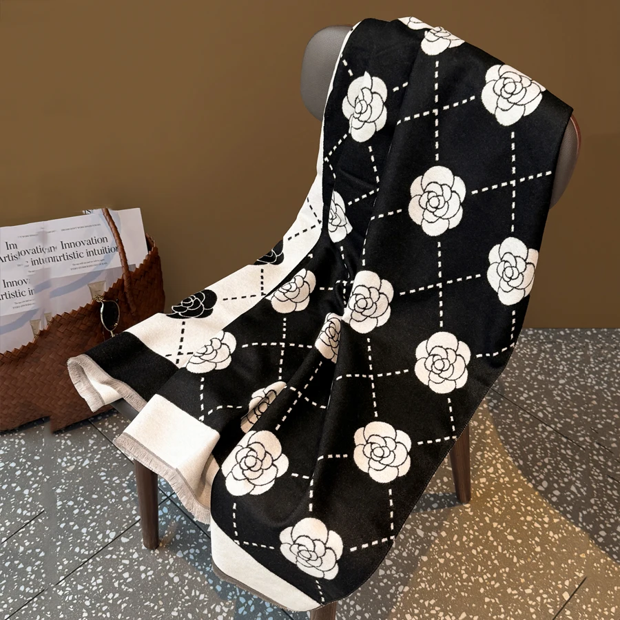 

French Elegant Camellia Imitate Cashmere Scarf Fashion Women Spring Autumn Shawl Winter Warm Neckerchief Party Wraps