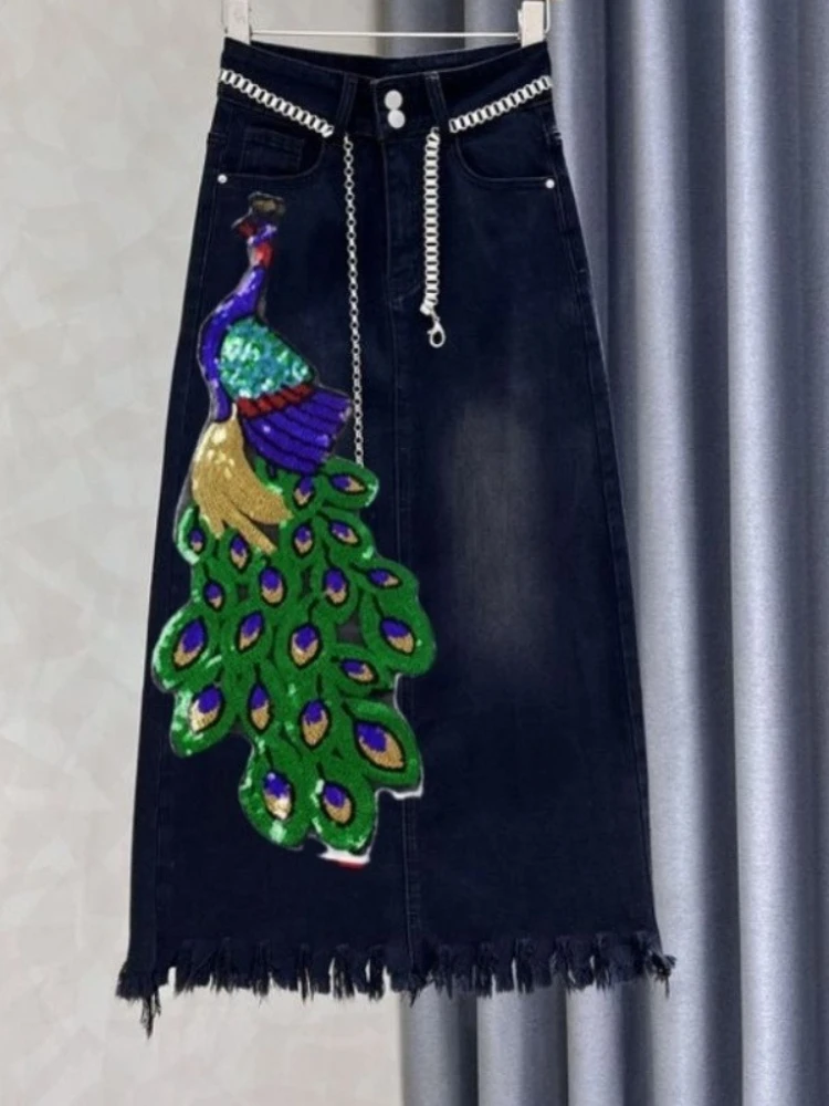 

2025 New High Waist Sequin Denim Skirt Women's Slim Fit Retro Vintage Blue Jeans Skirt for Autumn Winter Korean Fashion Clothing