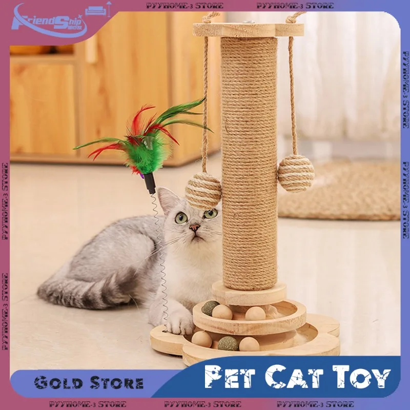 Durable Sisal Cat Scratcher Turntable with Funny Stick Balls Solid Wood Cat Toy Scratching Board Pet Supplies Climbing Frame