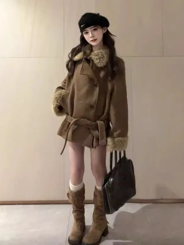

American Retro Faion Woolen Coat with Belt Small Size High End Sensation Beautiful Winter Outerwear Long Sve Flip Collar