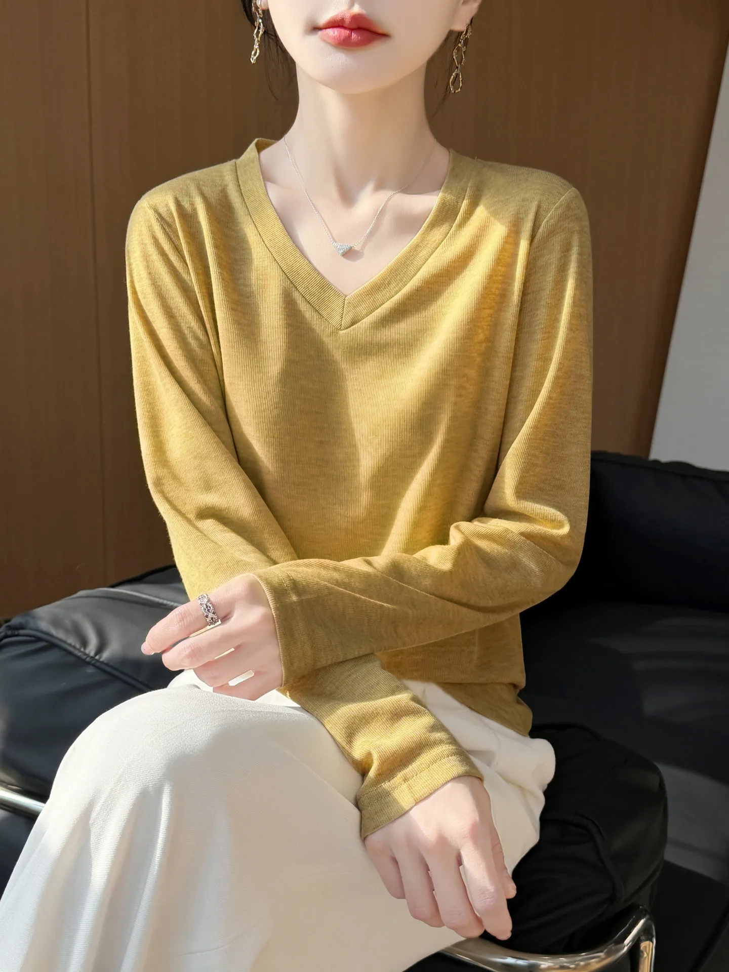 

Женская свободная вязаная футболка с длинным рукавом и V-образным вырезом, желтая, однотонная, базовая, повседневная, свободного кроя