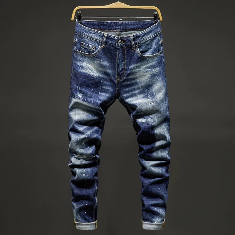 Men Retro Streaky Dark‑Blue Sand‑Wash Ink‑Speckle Finish Elastic Slim Denim Jeans Urban Punk Daily Casual Fashion Denim JeansY2K