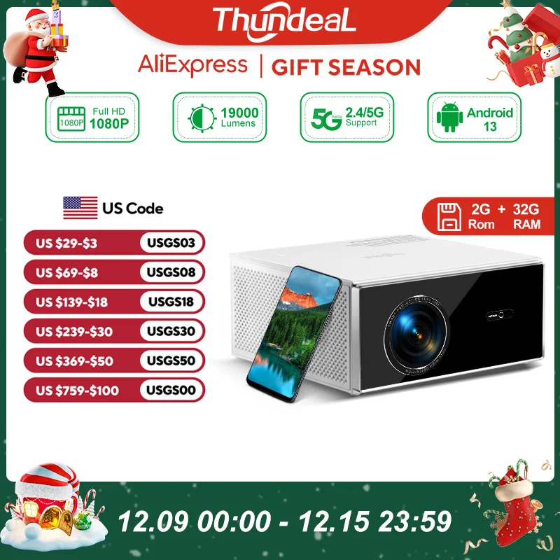 ThundeaL 2K 4K Full HD 1080P Projector TDA7W 2G 32G Android 13 WiFi 6 Home Theater TDA7 Beam Projector for Outdoor Meeting Video