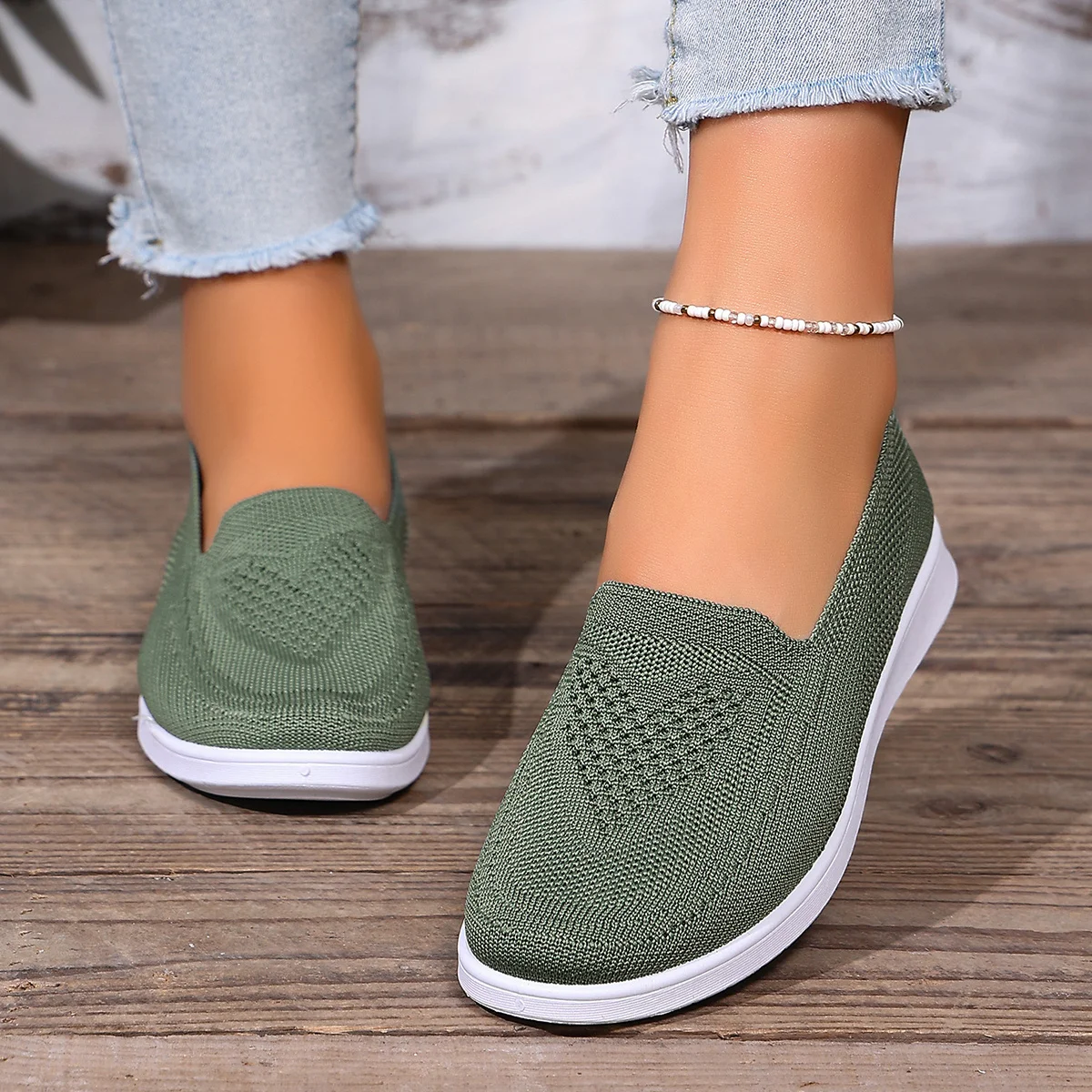 Leichte Damen-Strick-Flachschuhe, Slip-On-Sneaker, atmungsaktive Low-Top-Turnschuhe, Wanderschuhe mit hohler, weicher Sohle – Detail 4