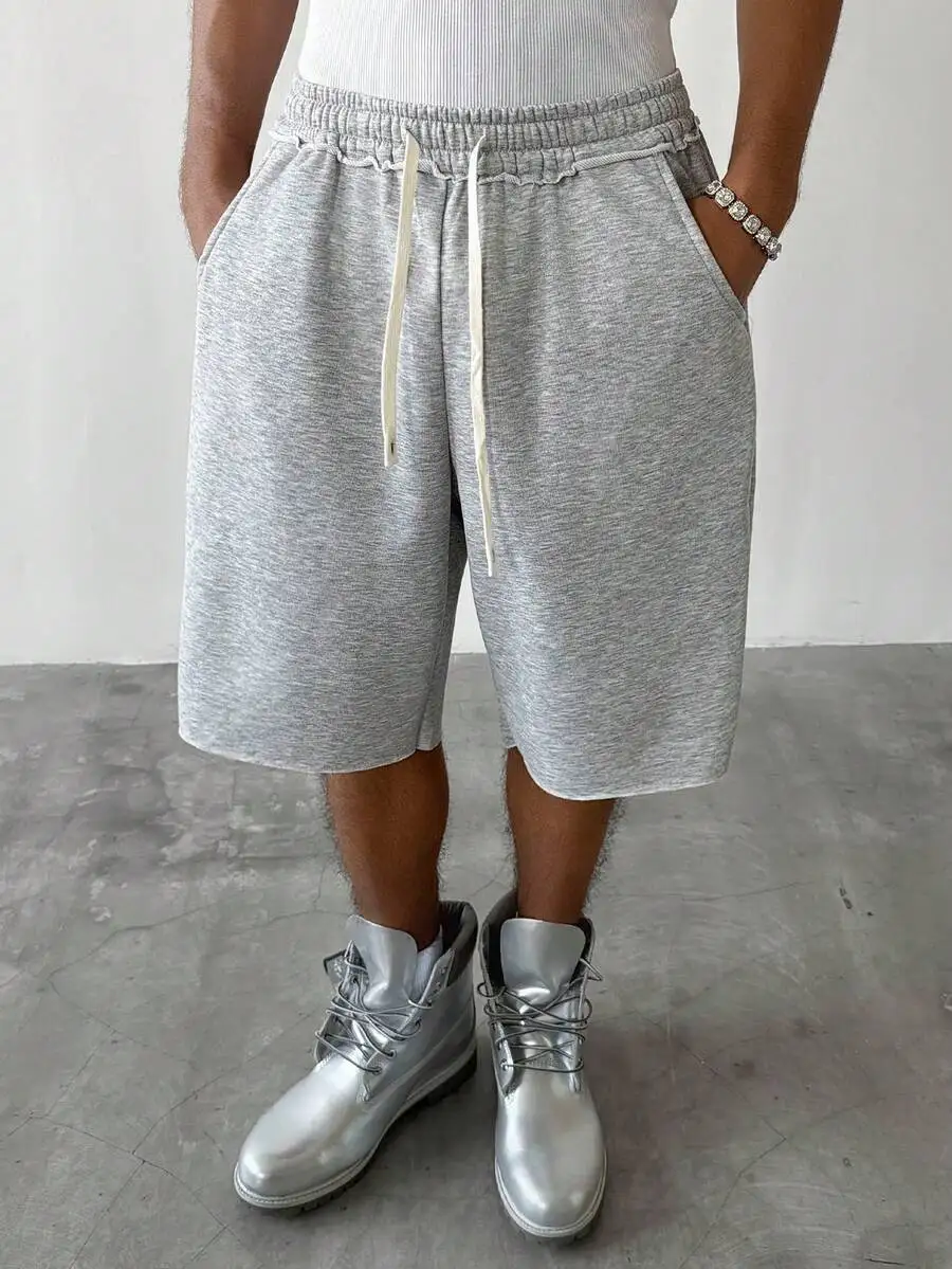 

Mens Gray Loose Fit Casual Knee Length Shorts With Drawstring Waist
