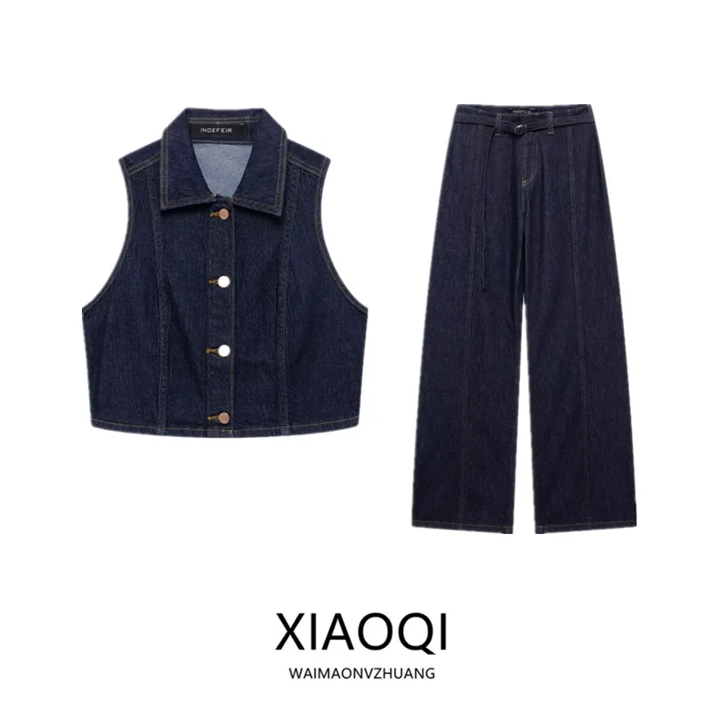 

Spring 2025 Women's Cotton ort Svel Collared Denim Vest New Arrival Faion Set Student orm Work Outfit 8228024