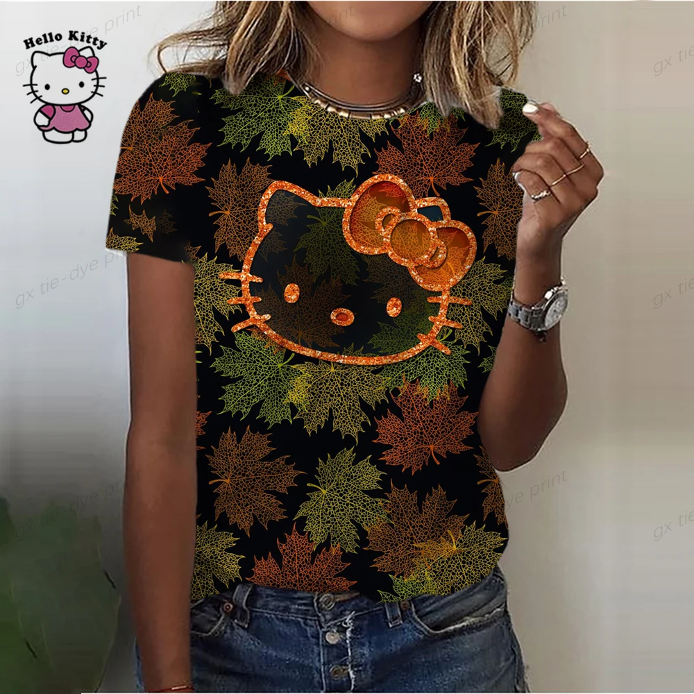 2023 New Summer Women Hello Kitty Print T Shirt Street Casual Loose T Shirts Ladies O-Neck Cartoon Print Tee Top