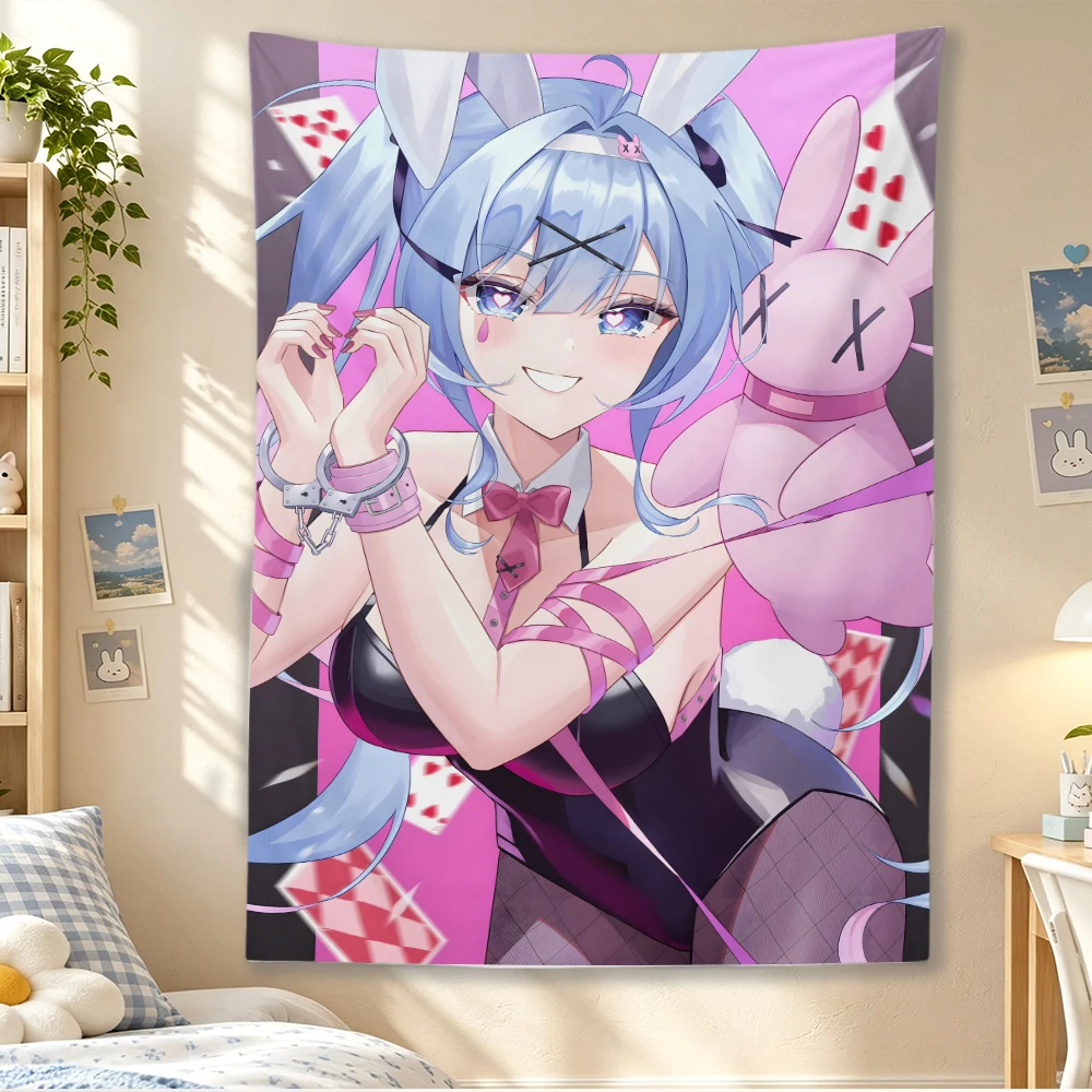 Pink Anime Bunny Girl Wall Tapestry Cute Rabbit Doll Poker Heart Print Wall Hanging Kawaii Aesthetic Bedroom Dorm Photo Backdrop