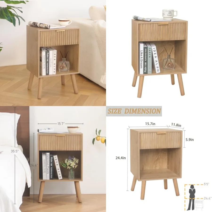 

Night Stand with Drawer, Mid Century Nightstand with Storage, Modern Fluted Bedside Table Bedroom Living Room for Small Space, Office (Rustic Walnut)