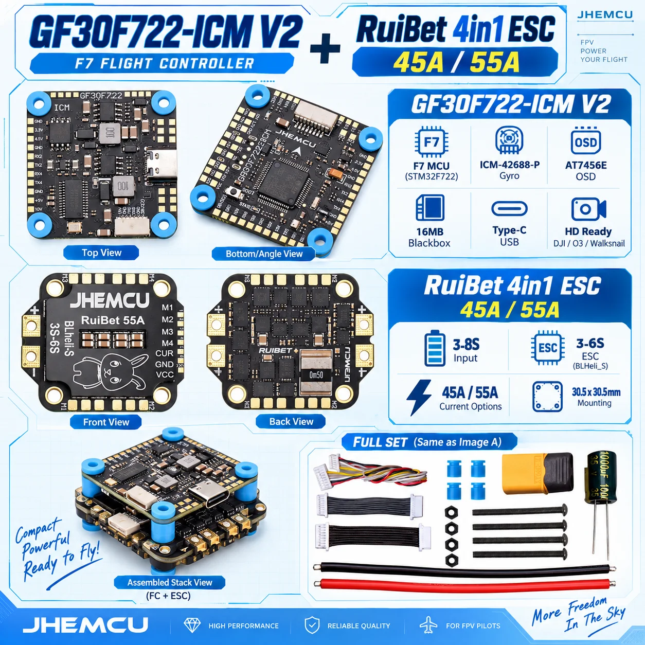 JHEMCU F7 FC Stack GF30F722‑ICM V2 Flight Control RuiBet BLHELI_S 4in1 45A/55A ESC For RC FPV Freestyle Drone Quadcopter Model
