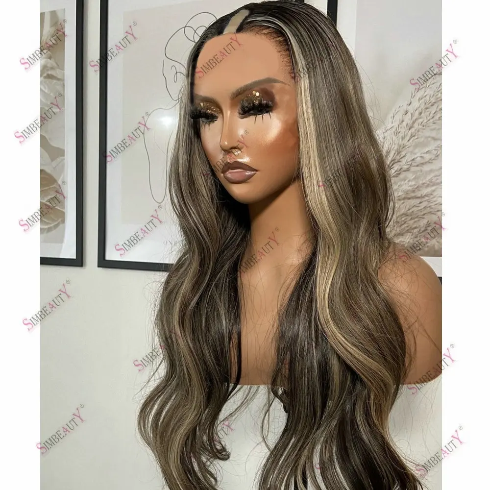 Body Wave 100% Remy Indian Human Hair 1x4 U Shaped Wigs Adjustable Brown Hightlight Blonde 28Inches Middle V Part Wig Human Hair