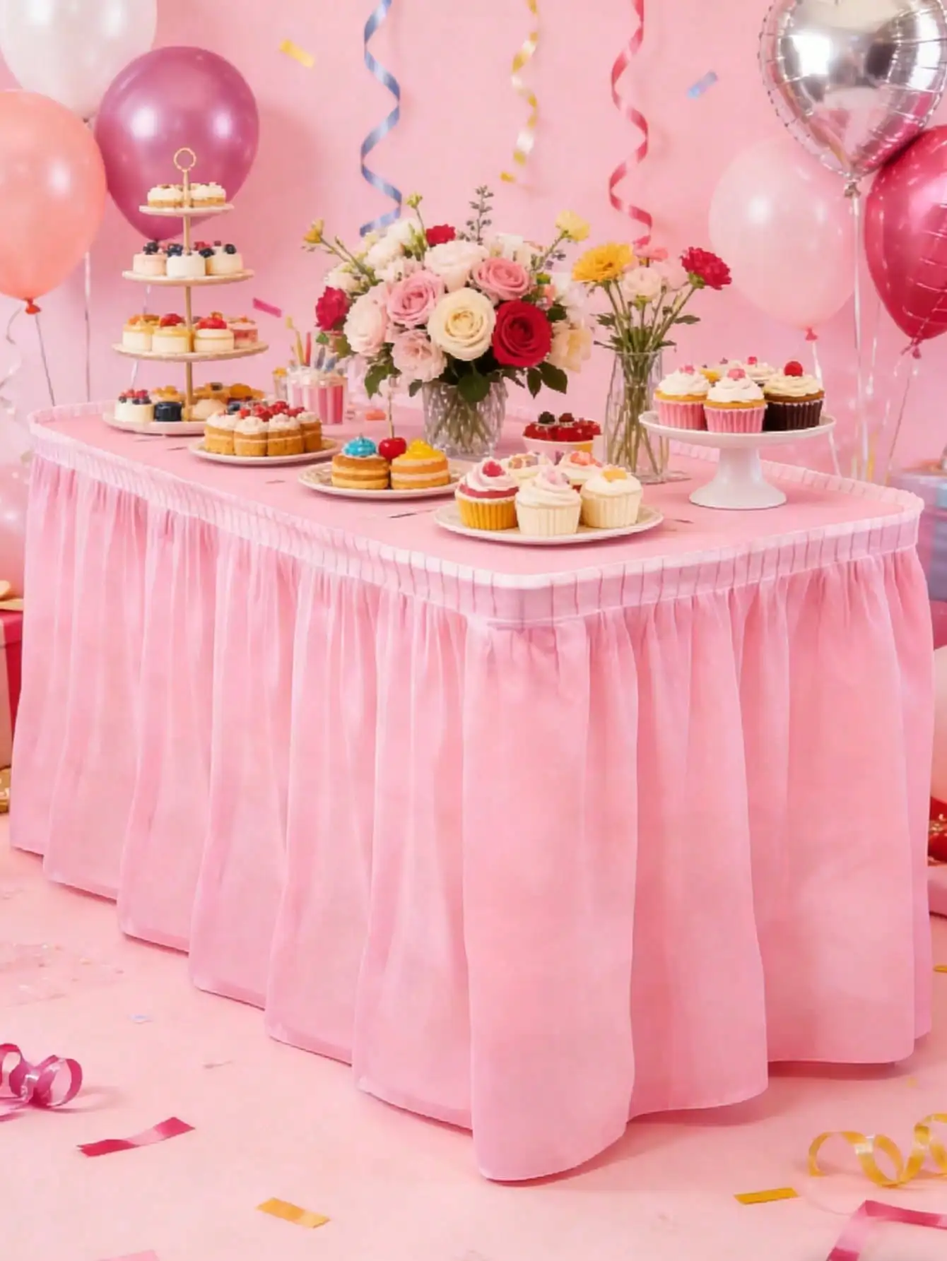 2pcs Pink Table Skirt & Tablecloth Set, Party Tablecloth, Wedding Decor Tablecloth, Pink Birthday Party Supplies, Birthday Tablecloth, Kitchen Decor, Kitchen Tablecloth, Home Birthday Decoration, Dining Table Decor, Birthday Girl, Birthday Gift