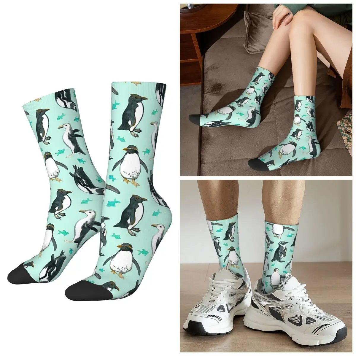 Lots Of Little Penguins On Mint Socks Harajuku Sport Middle Tube Socks Super Soft Stockings for Men Women Christmas Gifts