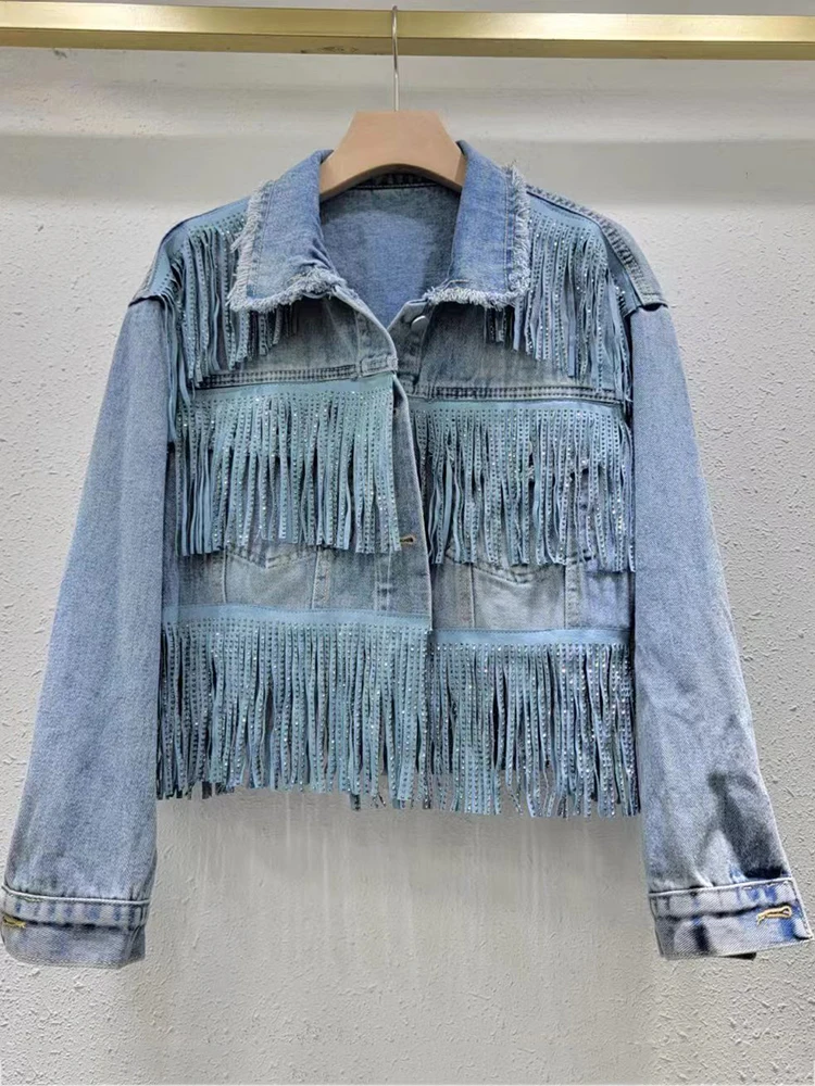 

Fashion Korean Women's Tassel Hot Rolled Diamond Outerwear Long Sleeve Short Denim Jackets Coat 2024 Spring Summer X852