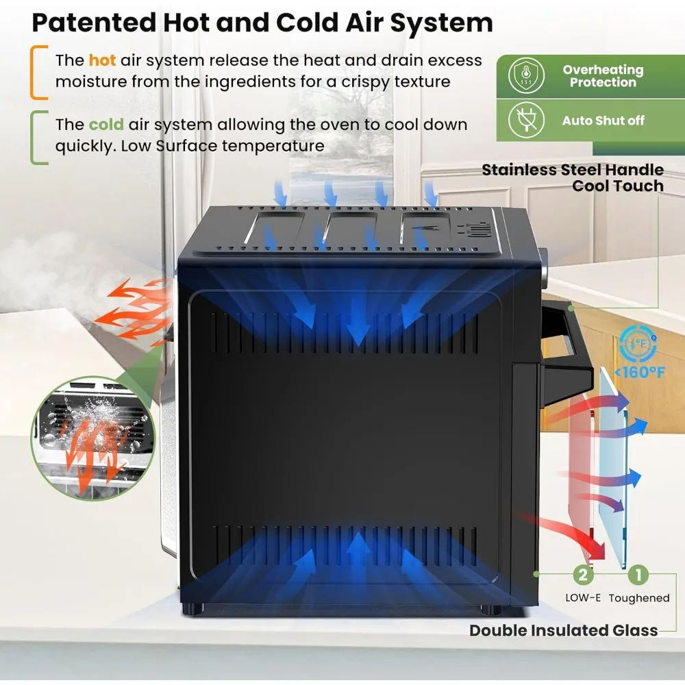 مقلاة هوائية مع نظام مجرى هواء مزدوج ، كونترتوب كبير للغاية ، فرن محمصة حاصل على براءة اختراع ، وصفة 6 ملحقات ، 32 قيراط ، 21 في 1