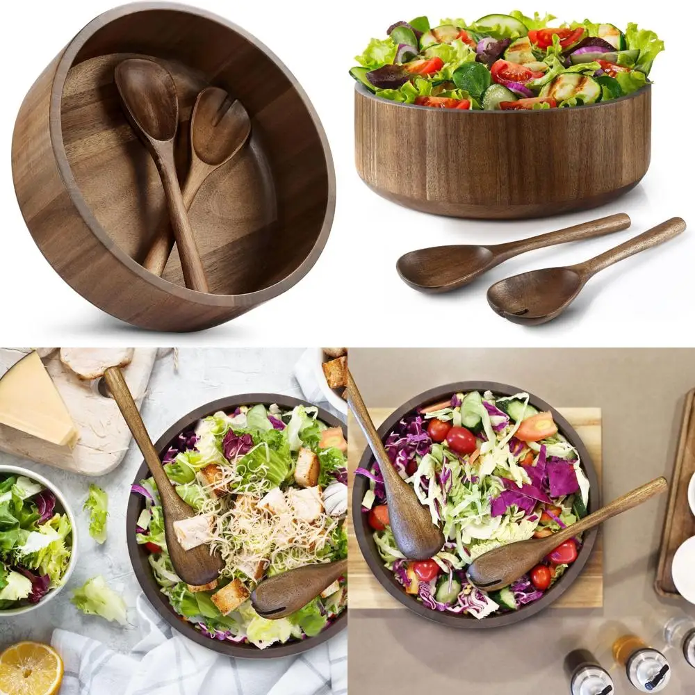 

Large Natural Black Walnut Wood Salad Bowl Set, 12x4.3 Inches, Premium Eco-Friendly with Fork and Spoon, Perfect for Serving and