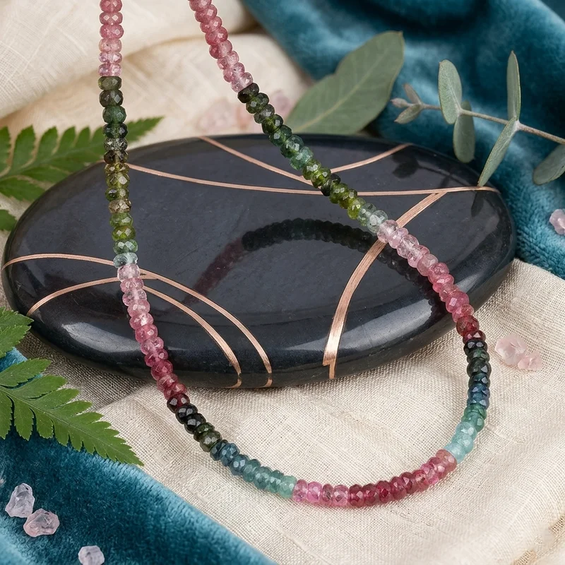 Multi Watermelon Tourmaline Faceted Gemstone Beaded Handmade Women Necklace 18"