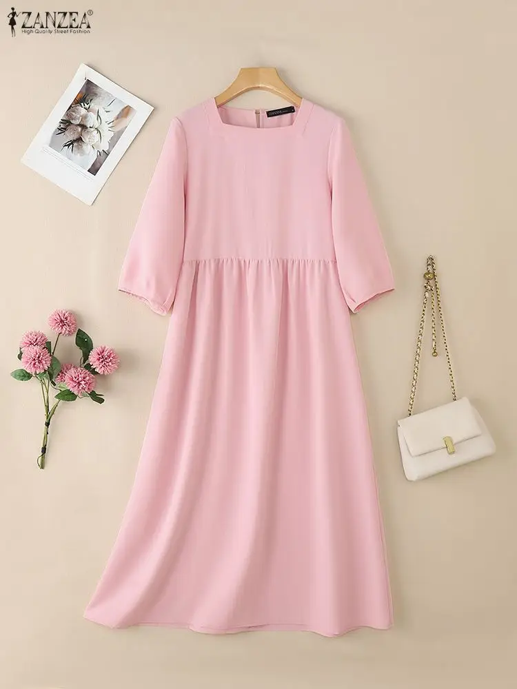 ZANZEA Casual Women Maxi Dresses Square Neck 3/4 Sleeve Gathered Waist Solid Color Loose Long Dress Fall 2025 Woman Clothes 3XL