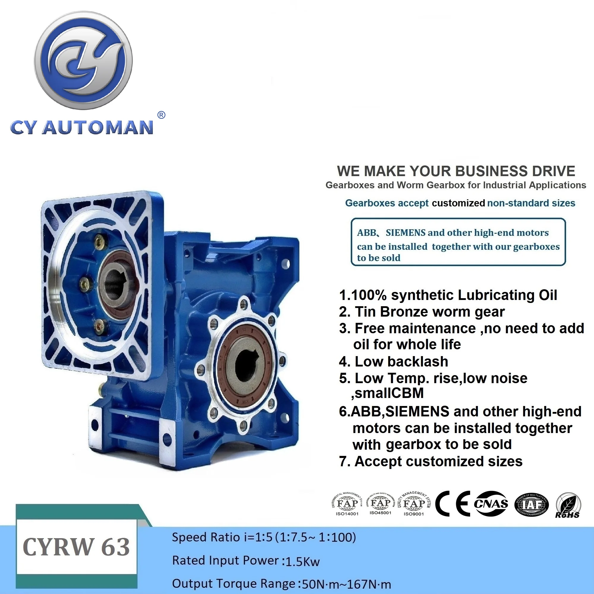 

CYAutoman Worm Gearbox Free maintenance Tin Bronze NMRW63 Input 14/19/22/24mm Output 25mm Ratio 5:1/100:1