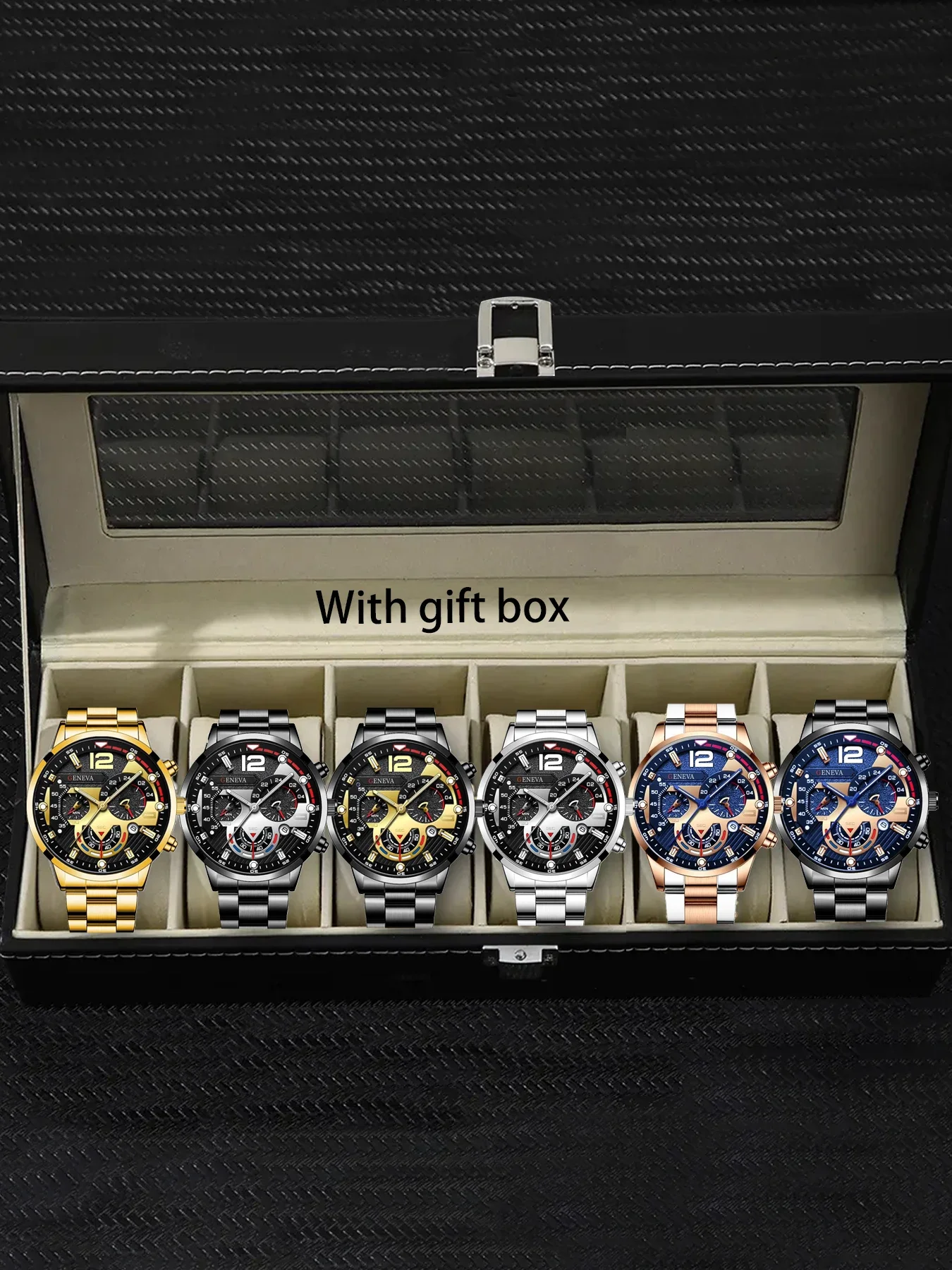 Men's Fashion Business Geneva Calendar Watch Steel Belt Wholesale Personalized Cross-border 6pcs